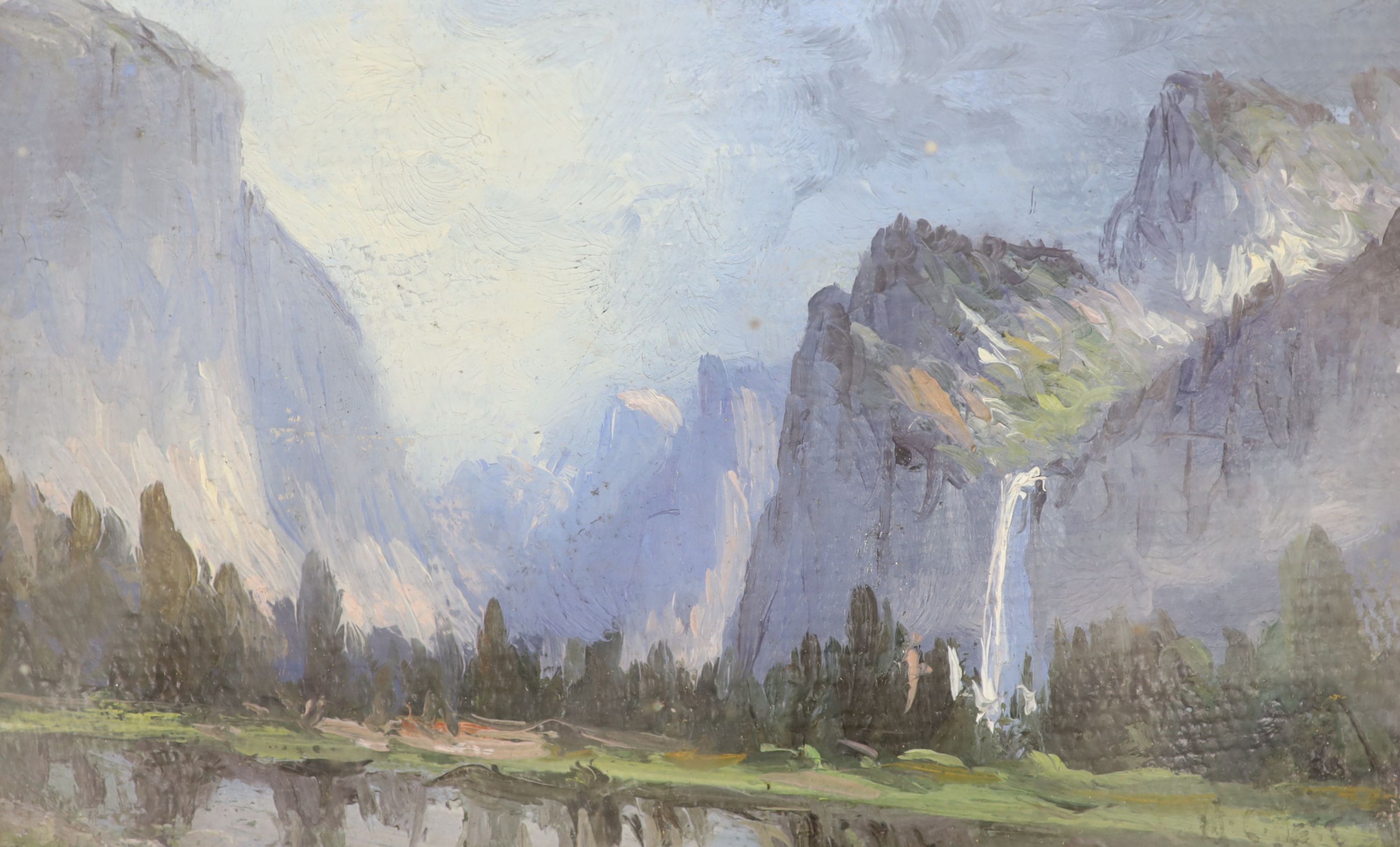 Arthur W. Best (American, 1859-1935), oil on canvas, 'Yossemite Valley, San Francisco', inscribed verso and dated 1912, 8 x 13cm. Condition - fair